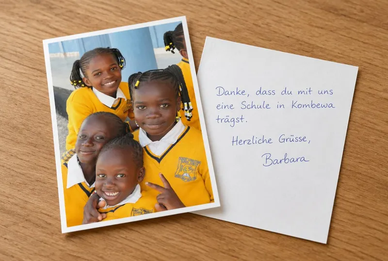 Ausgedrucktes Foto aus Kombewa mit handgeschriebenem Gruss von Barbara